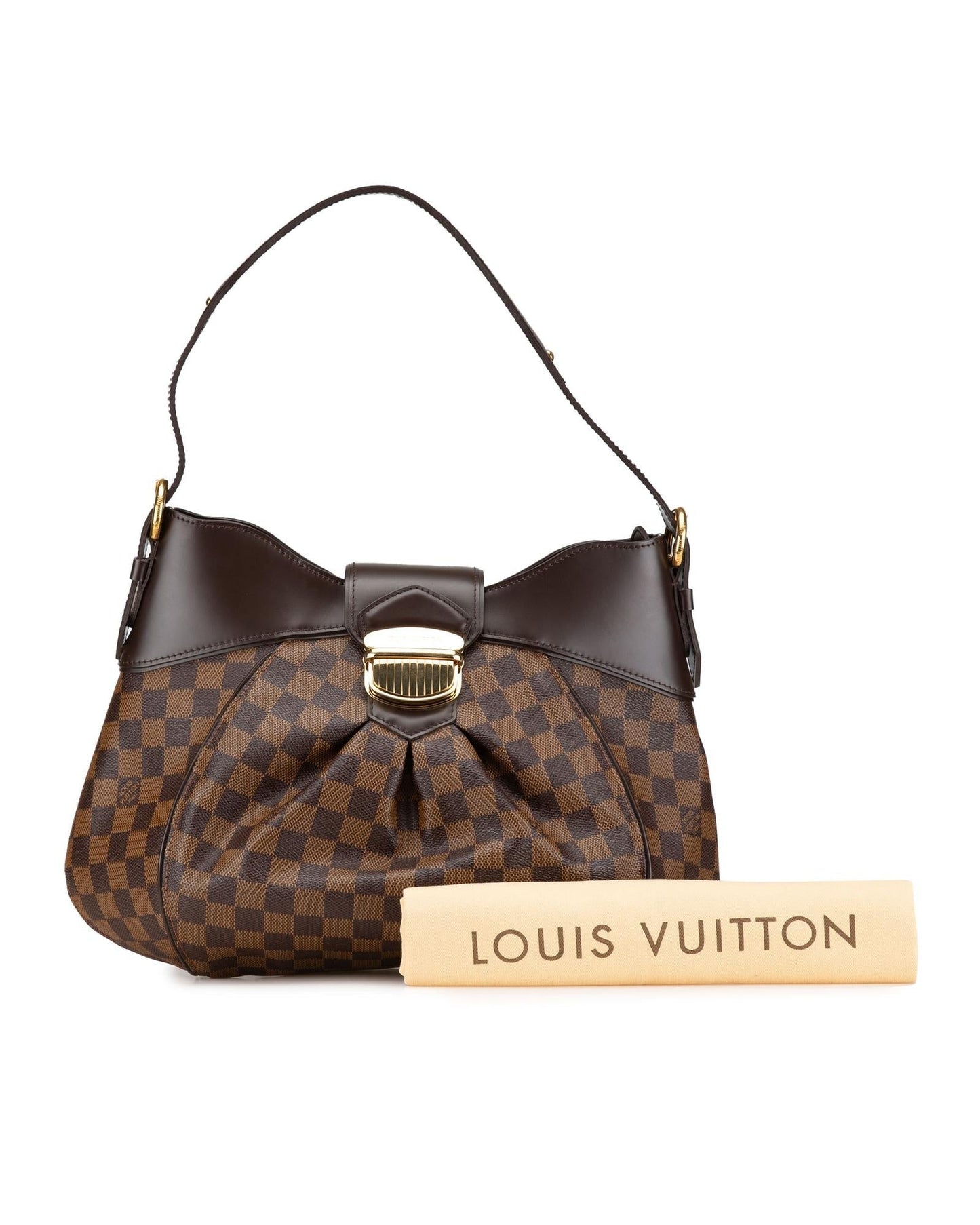 Damier Ebene Canvas Sistina Handbag with Leather Trim and Push Lock Closure