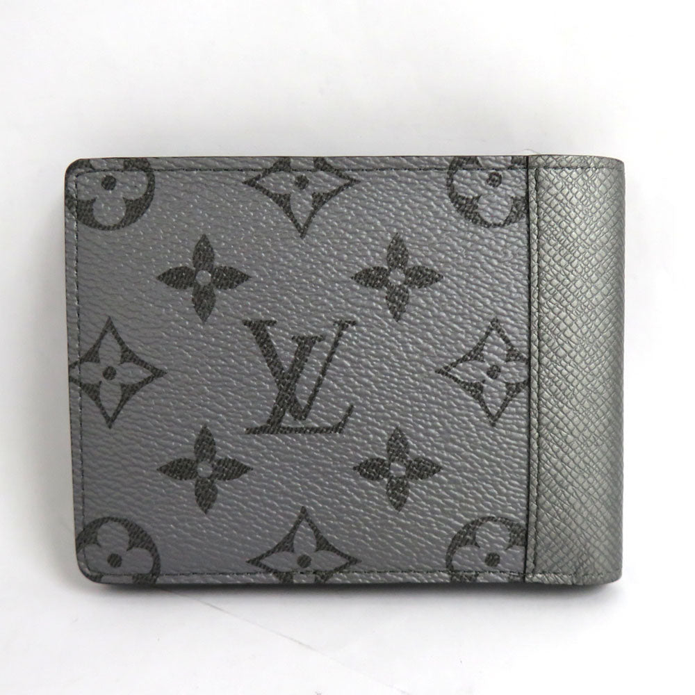 Louis Vuitton Portefolio Multipur M30843  Monogram Taiga Double Fold Wallet Silver Gr Card Compact Coinless Leather Mens