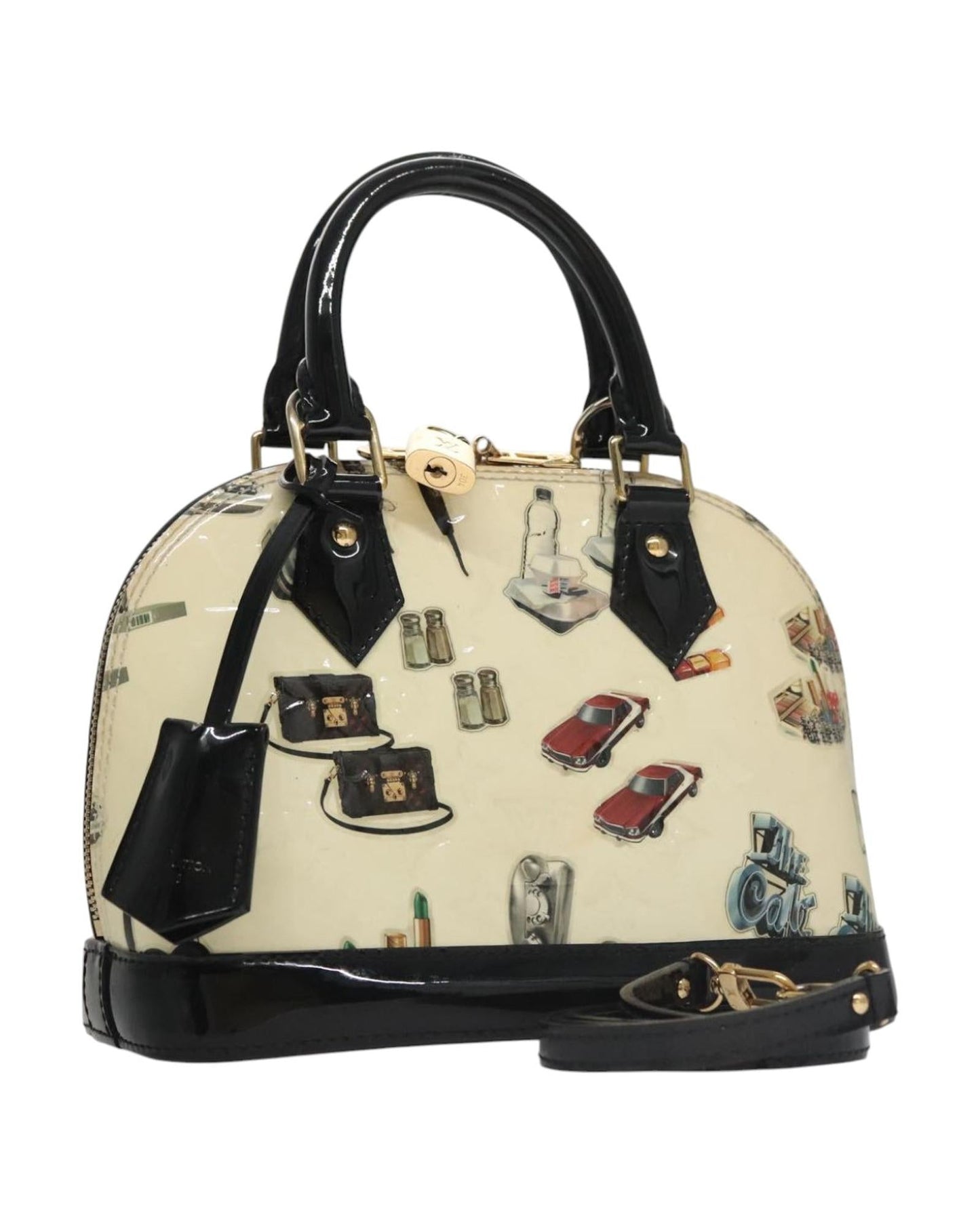 Patent Leather Handbag with Padlock and Shoulder Strap