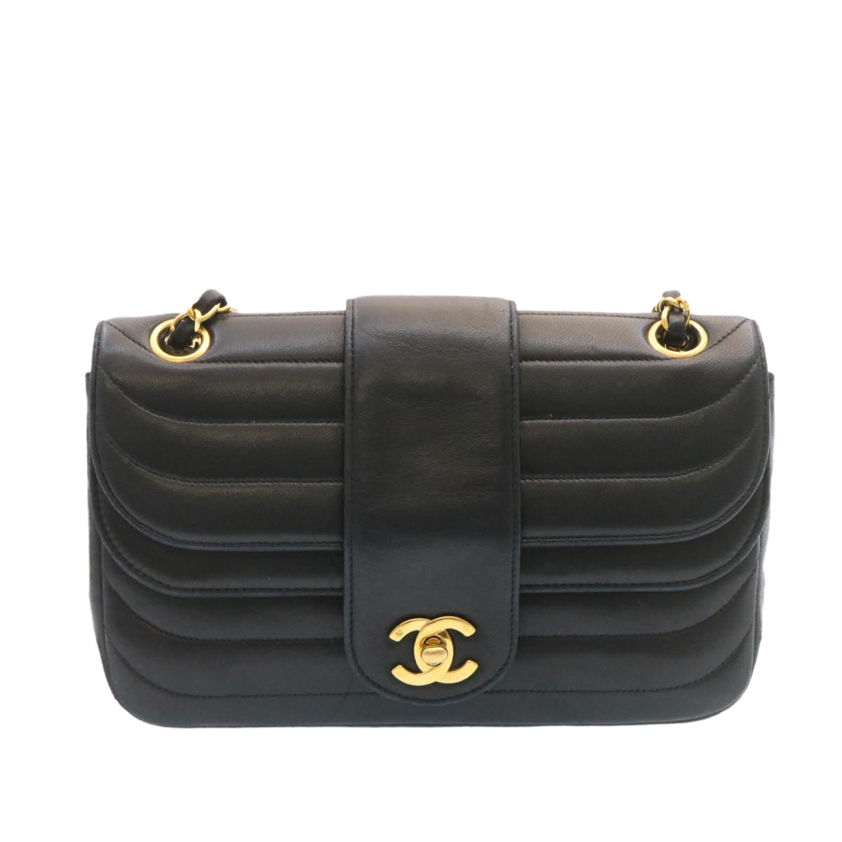 CHANEL Lamb Skin Double Flap Chain Shoulder Bag Black CC 26207A