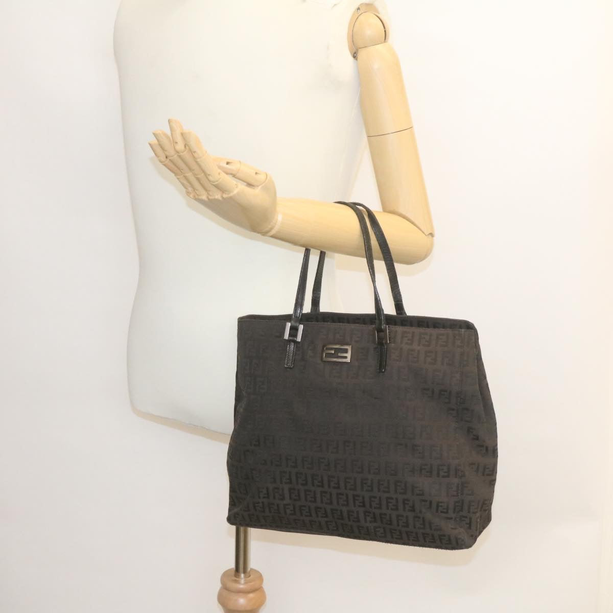 FENDI Zucchino Canvas Hand Bag Dark Brown 28540