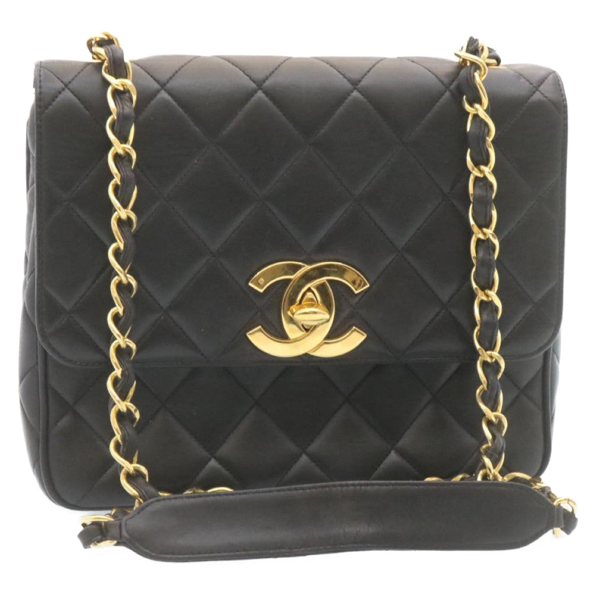 CHANEL Matelasse Chain Flap Shoulder Bag Lamb Skin Black Gold CC 28632A