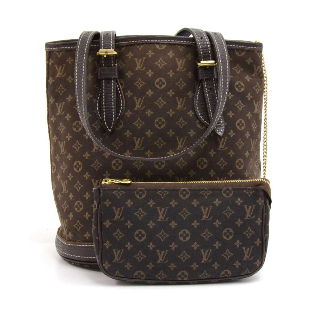 Louis Vuitto Bucket PM Mini Lin Monogram EbÃ¨ne Canvas Shoulder Bag with Pouch