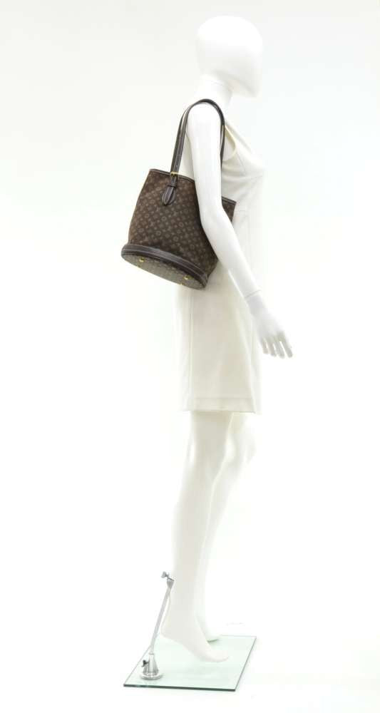 Louis Vuitto Bucket PM Mini Lin Monogram EbÃ¨ne Canvas Shoulder Bag with Pouch