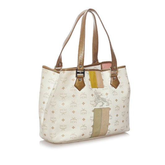 White MCM Lion Visetos Leather Tote Bag