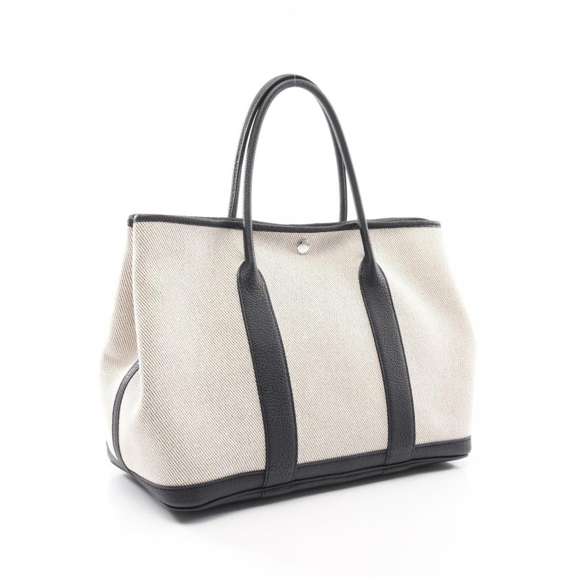 HermÃƒÆ’Ã‚Â¨s Garden Party PM Black Leather Beige Canvas Hand Bag