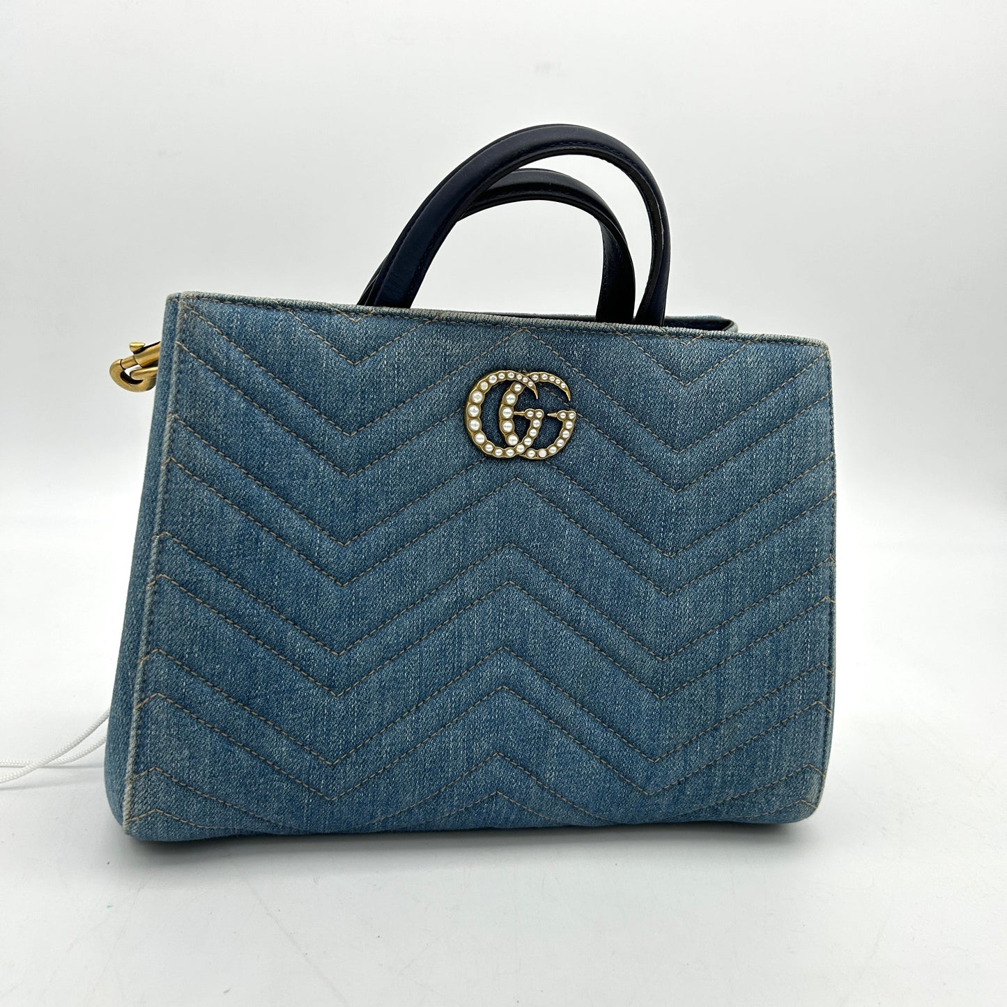Gucci Denim Matelasse Small Pearly GG Marmont Tote Blue LA26996