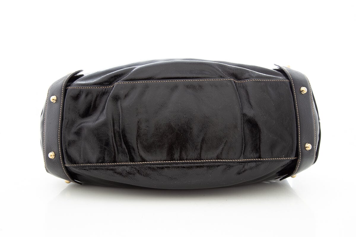 Gucci Black Patent Leather Handbag with Braided Handle and Horsebit Detail
