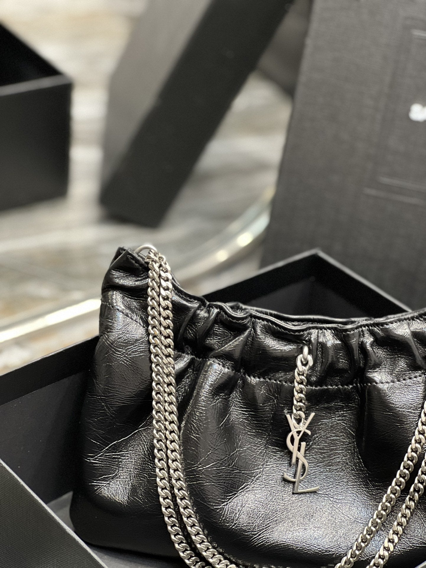 GLAMI Hobo Mini Bag Black With Silver Hardware For Women 9.4in/24cm YSl