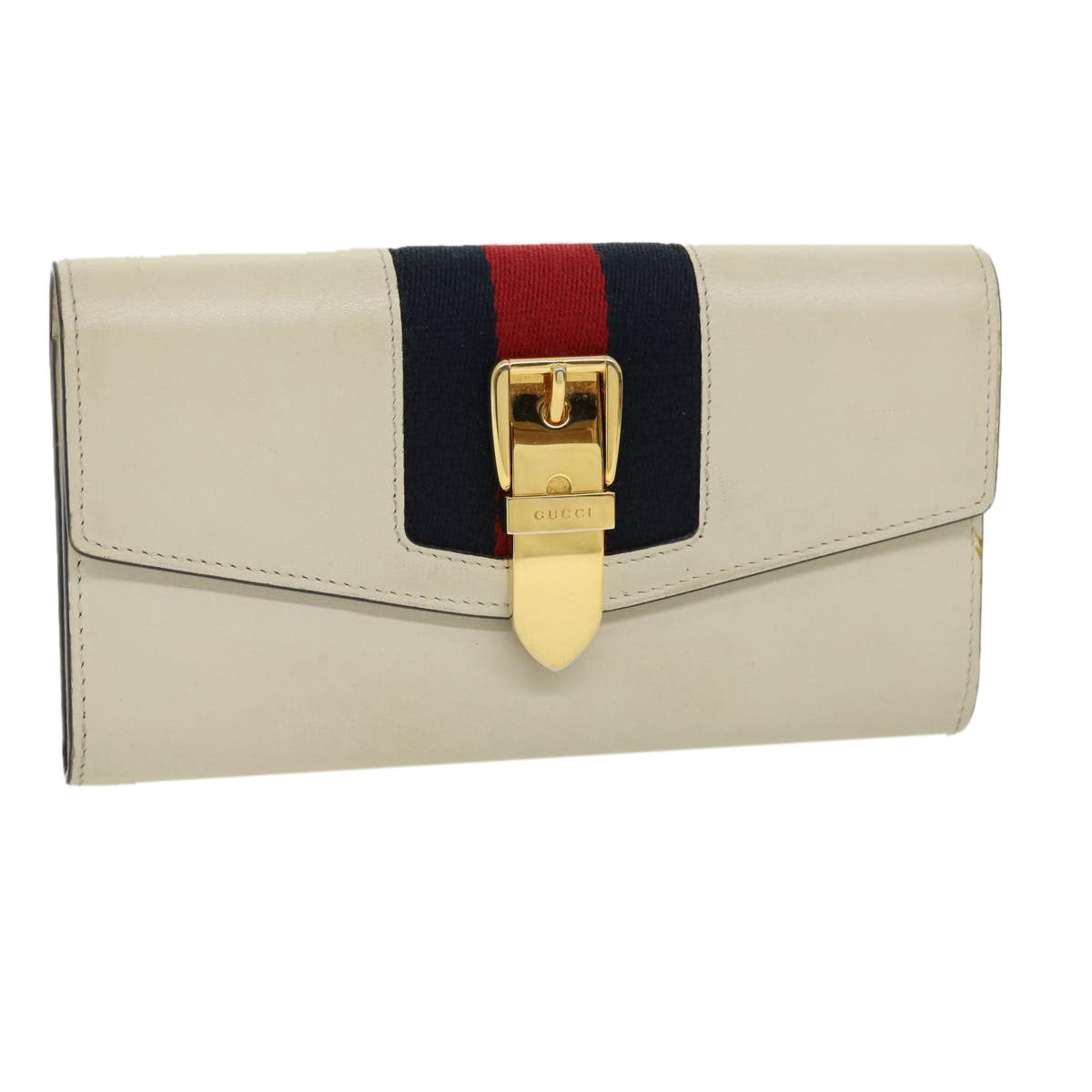 GUCCI Sylvie Continental Wallet Sherry Line Leather Beige Navy Red 31004A