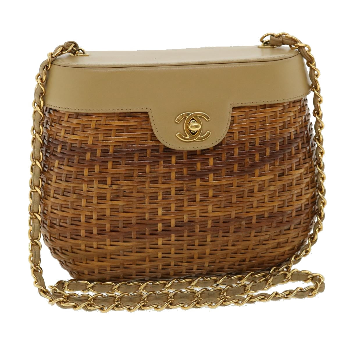 CHANEL Basket Chain Shoulder Bag Leather rattan Brown CC 31896A