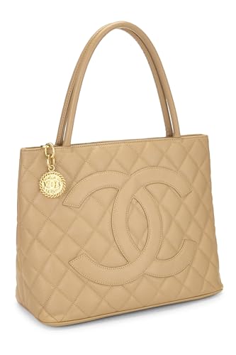 Chanel,  Beige Quilted Caviar Medallion Tote, Beige