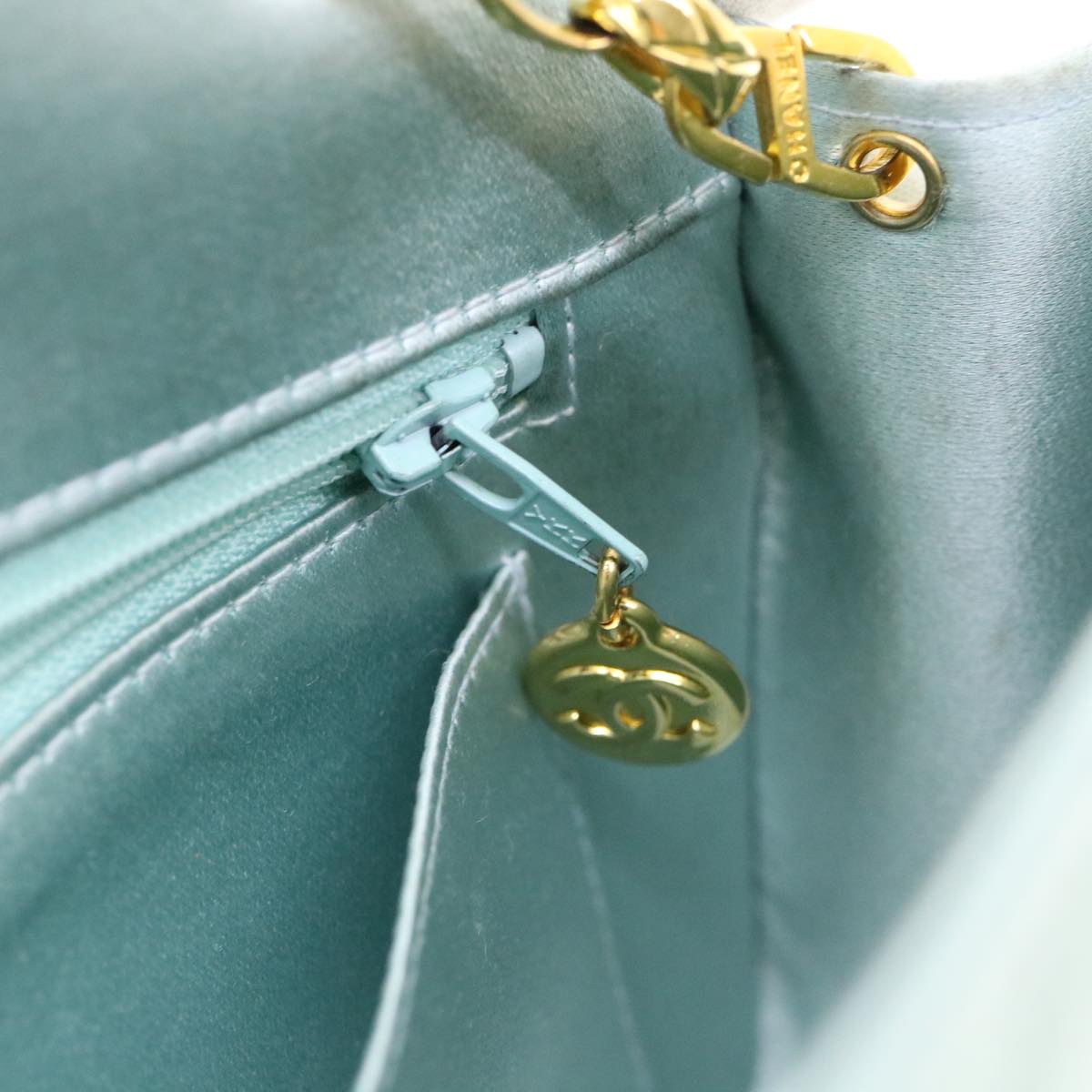 CHANEL Diana Matelasse Shoulder Bag Satin Light Blue CC 33325A