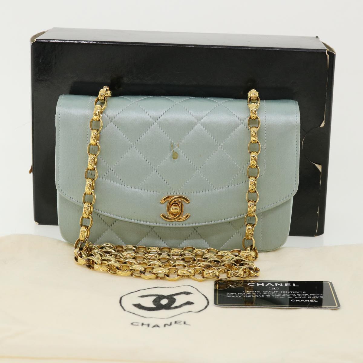 CHANEL Diana Matelasse Shoulder Bag Satin Light Blue CC 33325A