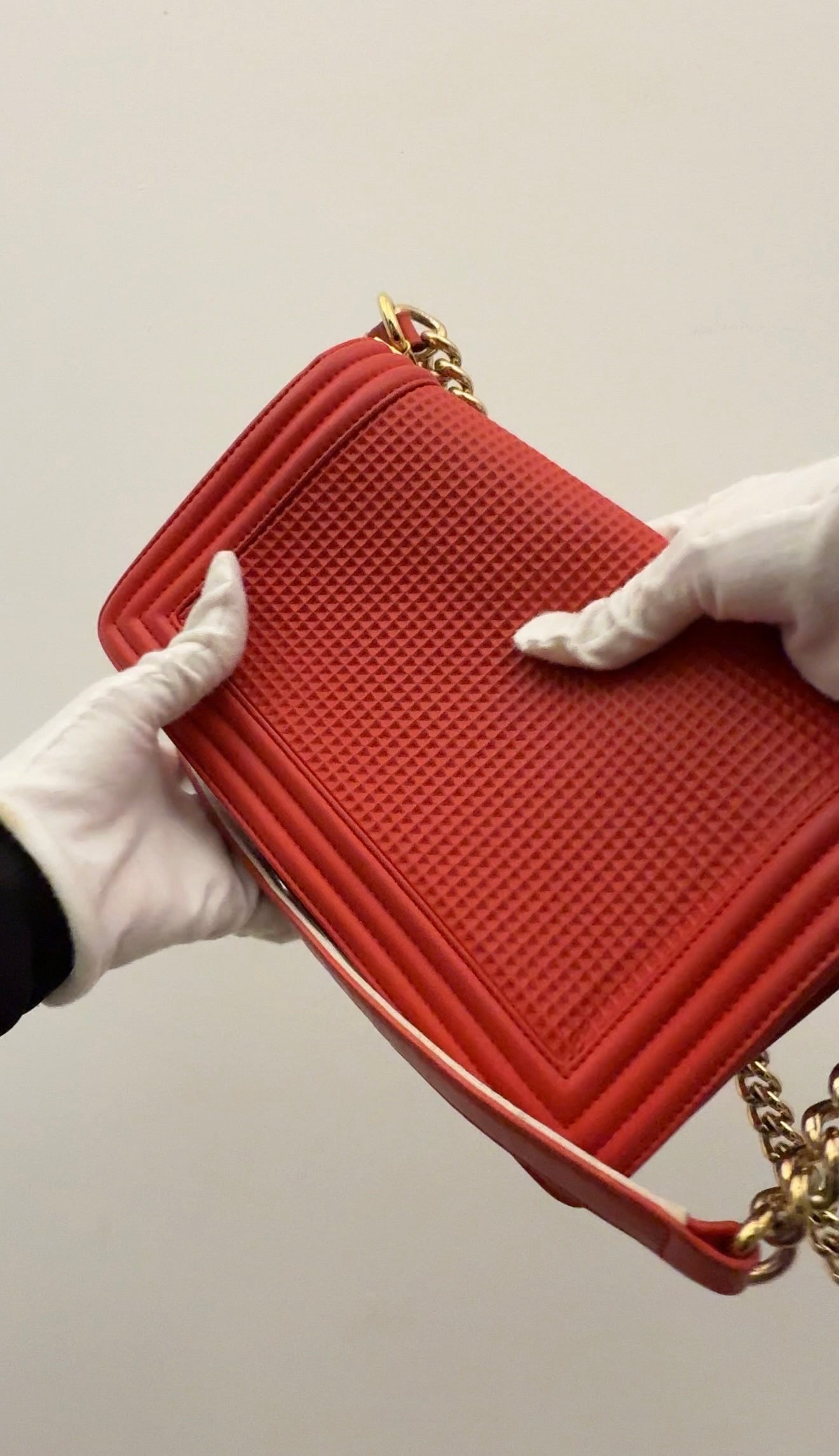 Chanel Boy Flap Bag Cube Embossed Lambskin Old Medium Red B23-65