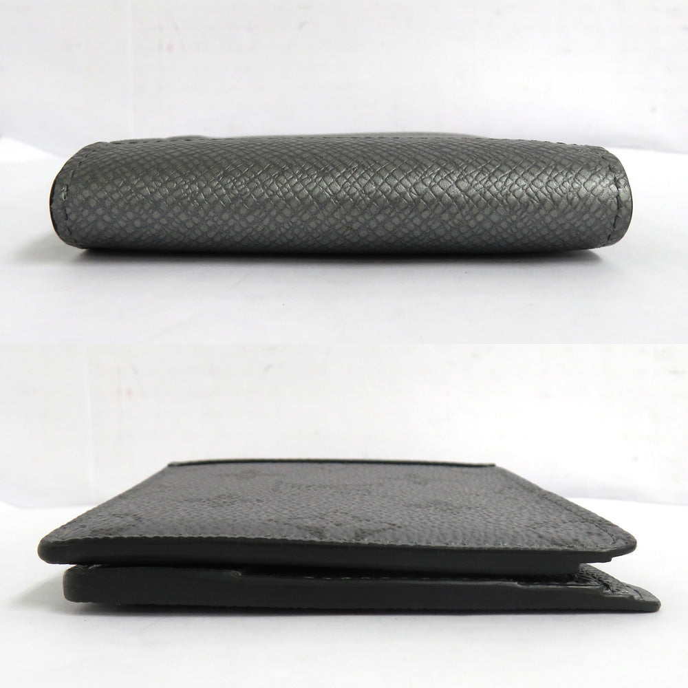 Louis Vuitton Portefolio Multipur M30843  Monogram Taiga Double Fold Wallet Silver Gr Card Compact Coinless Leather Mens