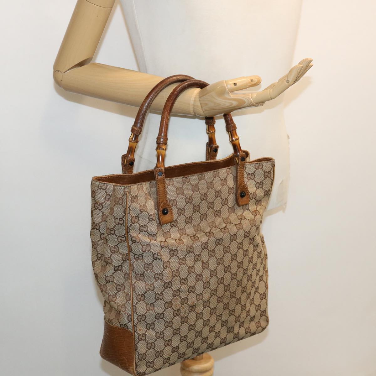 GUCCI GG Canvas Bamboo Hand Bag Beige 112530 36619
