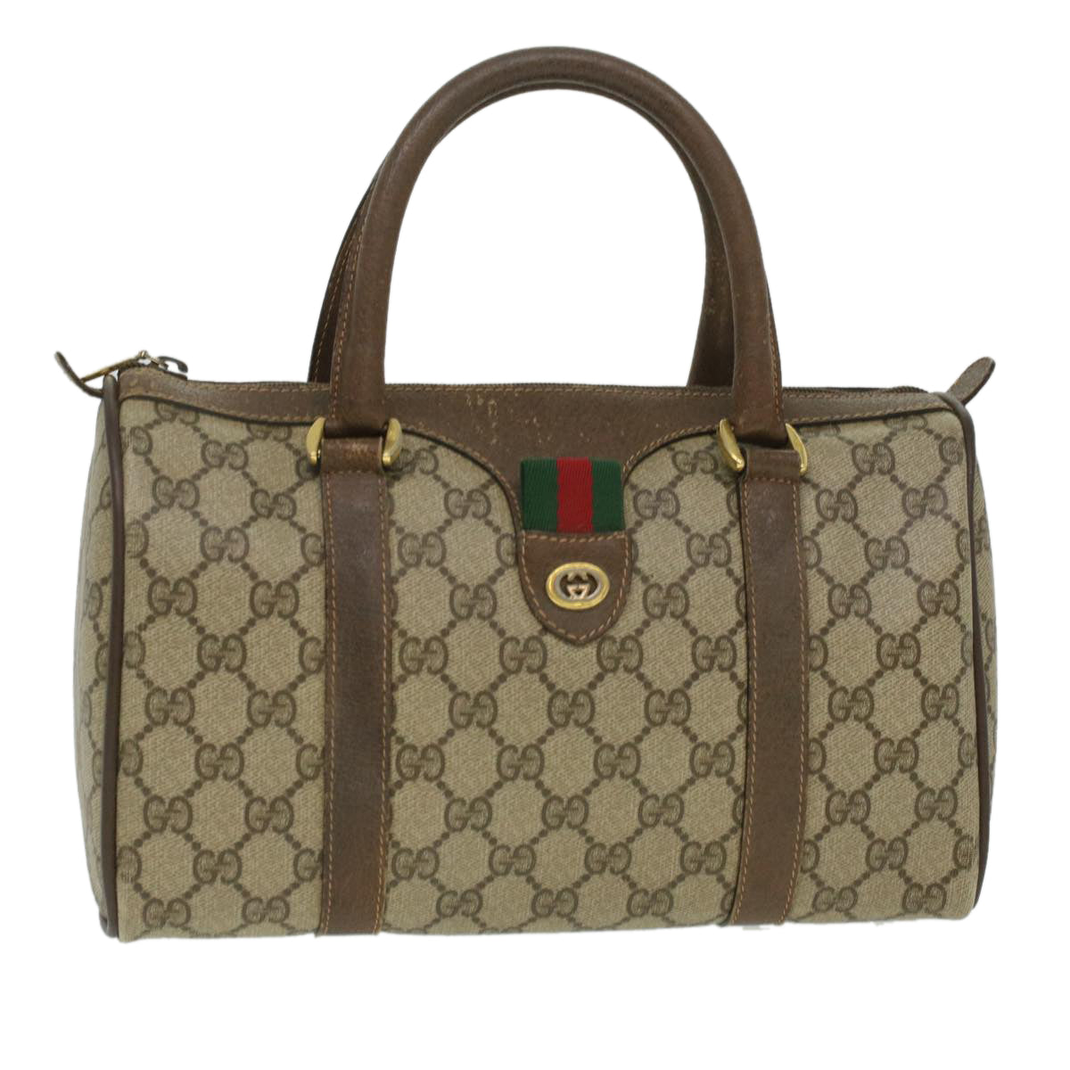GUCCI Web Sherry Line GG Canvas Boston Bag PVC Leather Beige Green 36638