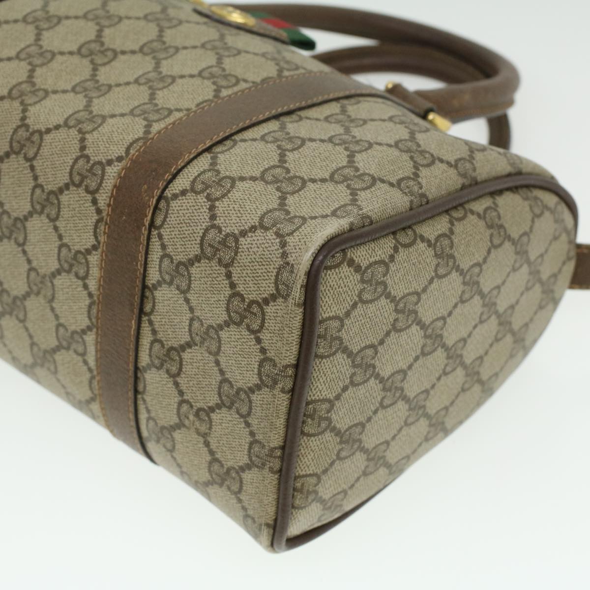 GUCCI Web Sherry Line GG Canvas Boston Bag PVC Leather Beige Green 36638