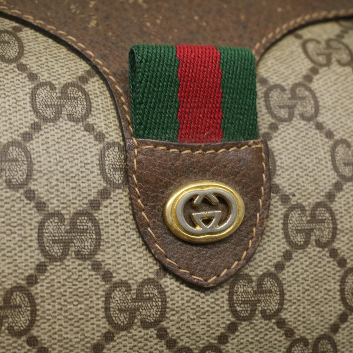 GUCCI Web Sherry Line GG Canvas Boston Bag PVC Leather Beige Green 36638