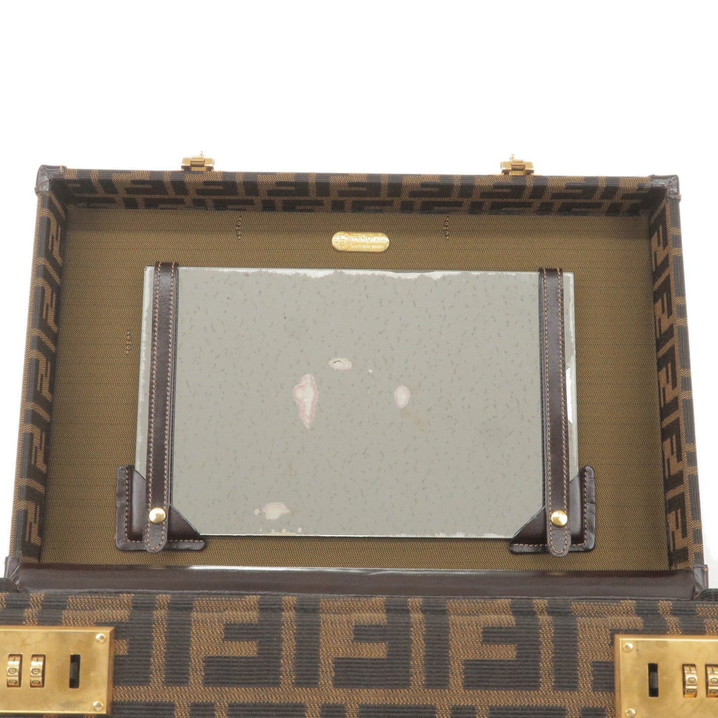 FENDI Zucca Canvas Leather Vanity Bag Makeup Box Khaki Black