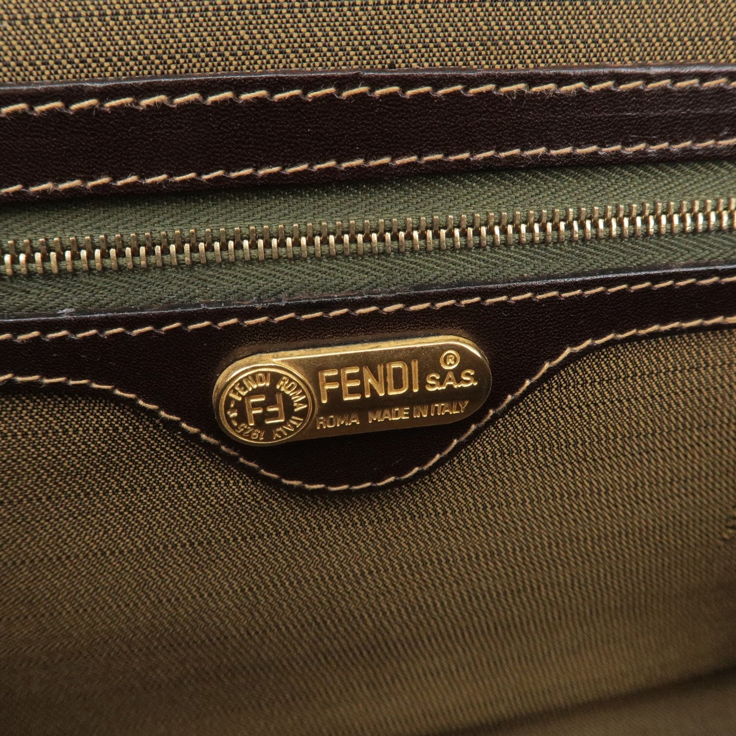 FENDI Zucca Canvas Leather Vanity Bag Khaki Black Brown 14548
