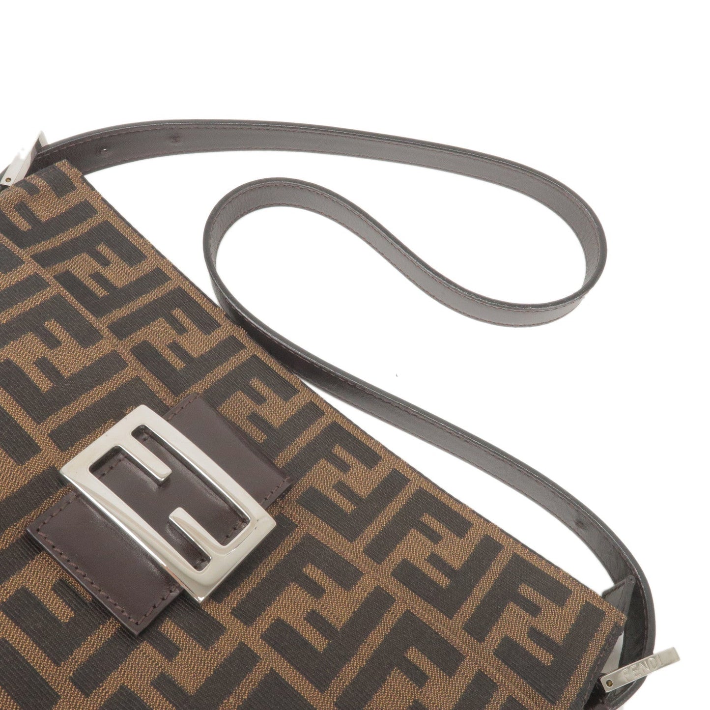 FENDI Zucca Canvas Leather Shoulder Bag Brown Black 26566