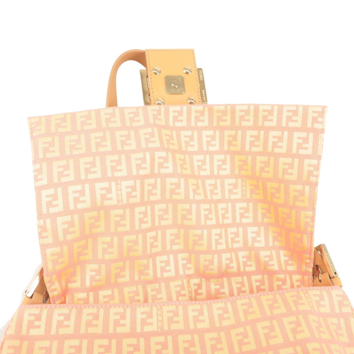 FENDI Zucchino Mamma Baguette Canvas Leather Bag Beige Pink 8BR001
