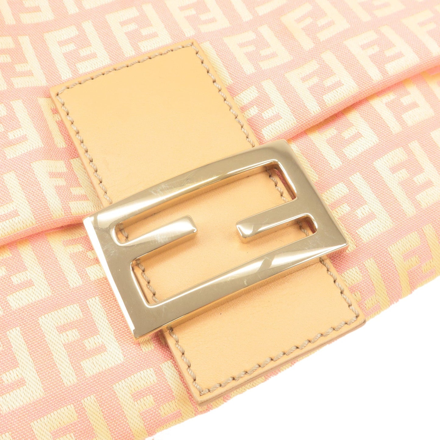 FENDI Zucchino Mamma Baguette Canvas Leather Bag Beige Pink 8BR001