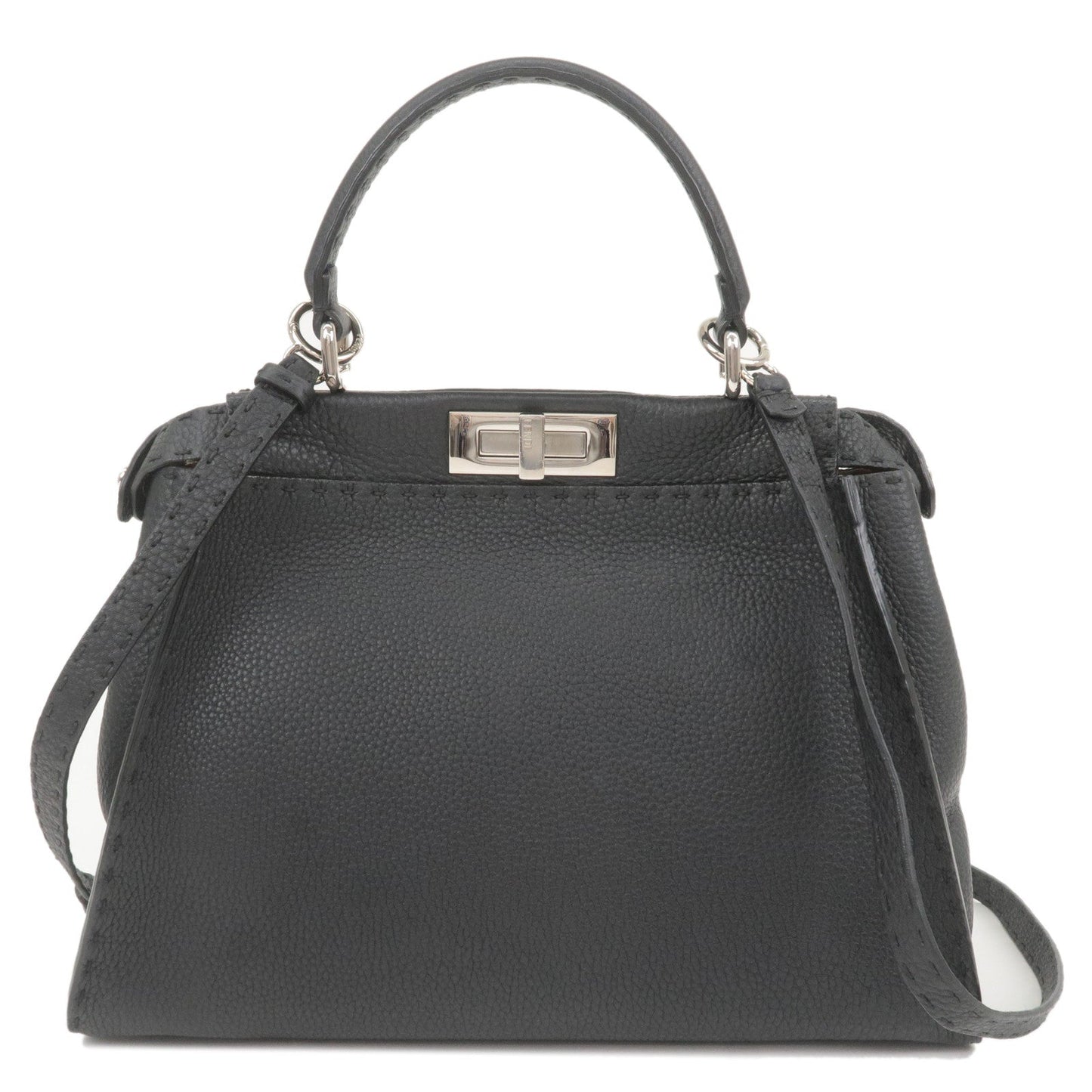 FENDI Selleria Peekaboo Regular Leather 2WAY Bag Black 8BN226