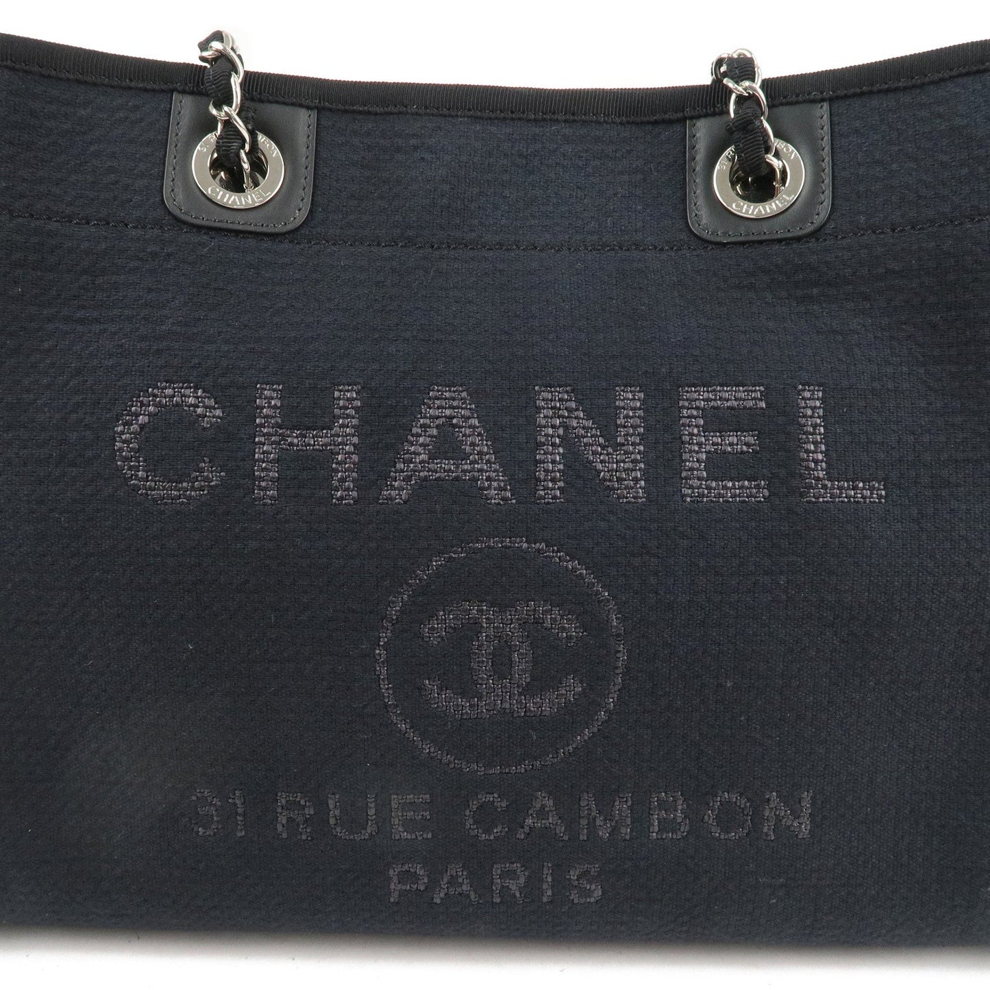 CHANEL Deauville Canvas Leather Chain Tote Bag Black A67001