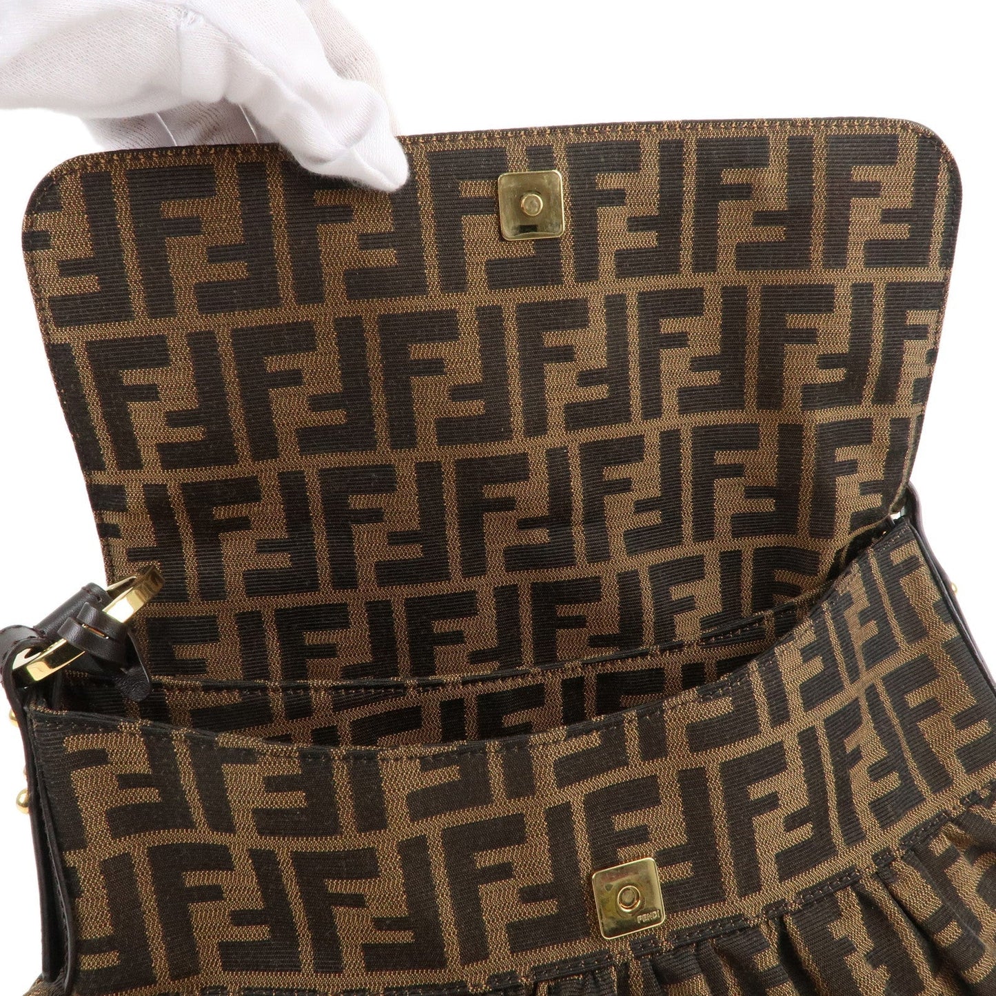 FENDI Zucca Canvas Leather Shoulder Bag Brown Black 8BR436