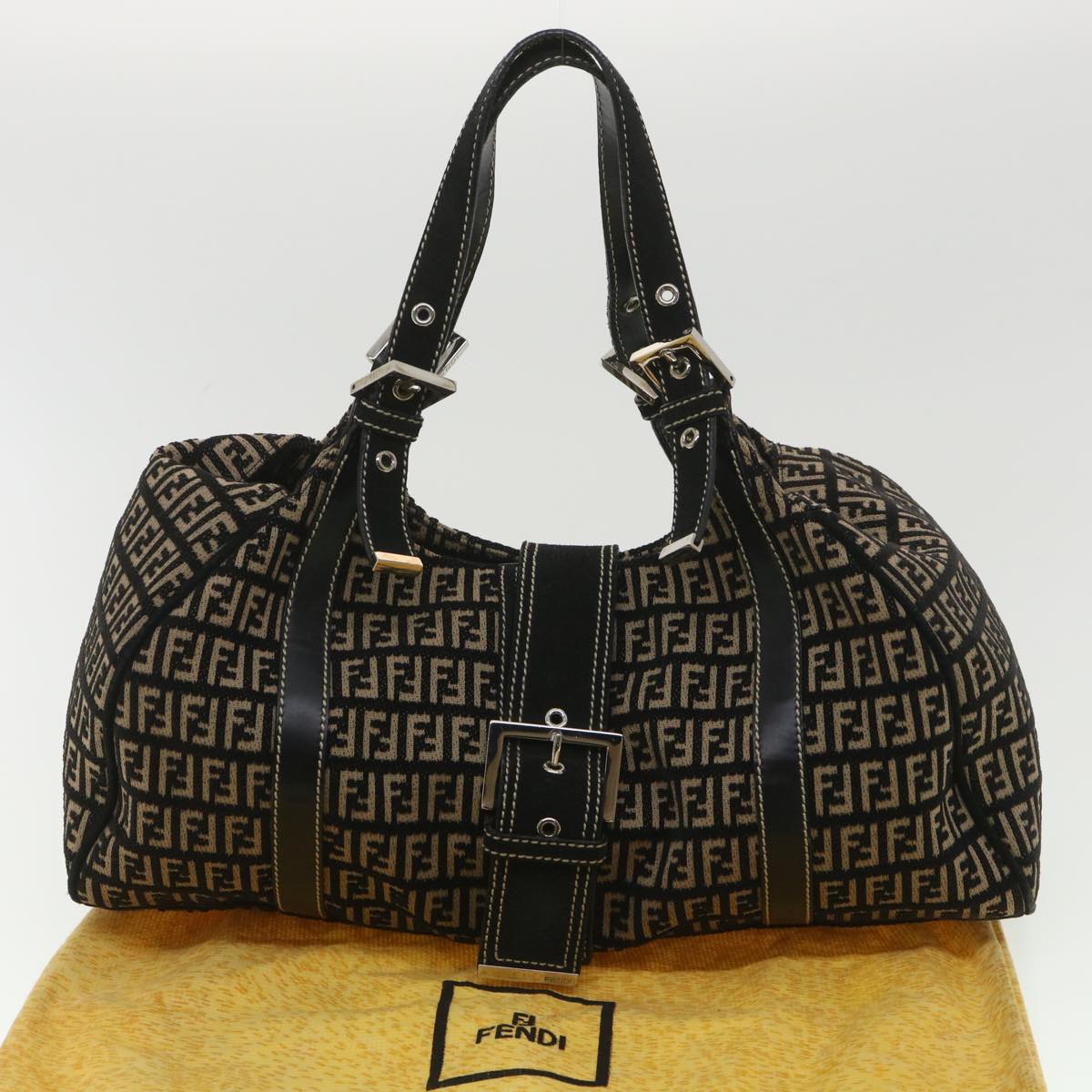 FENDI Zucchino Canvas Shoulder Bag Black Beige 37856