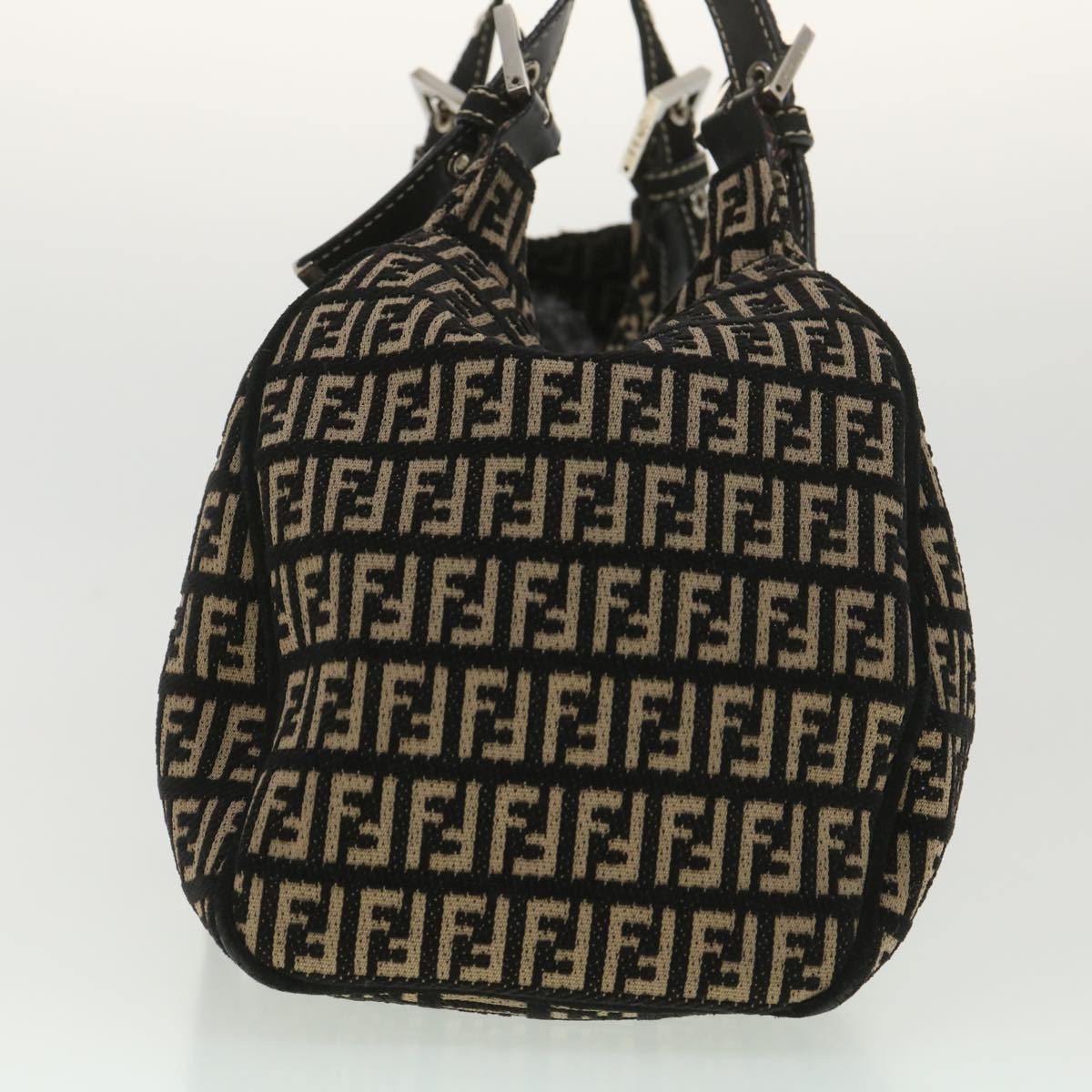 FENDI Zucchino Canvas Shoulder Bag Black Beige 37856