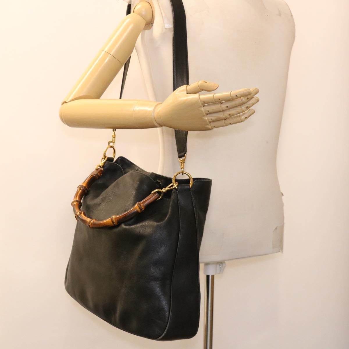 GUCCI Bamboo Shoulder Bag Leather 2way Black 001 1014 1577 39136