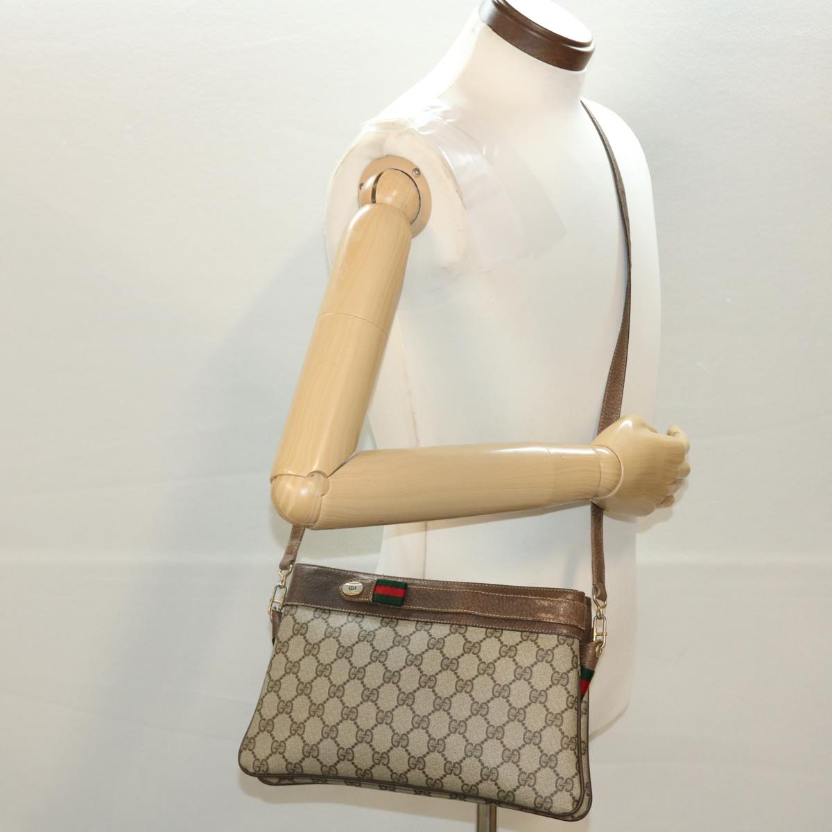 GUCCI Web Sherry Line GG Canvas Shoulder Bag PVC Leather Beige Green 39953