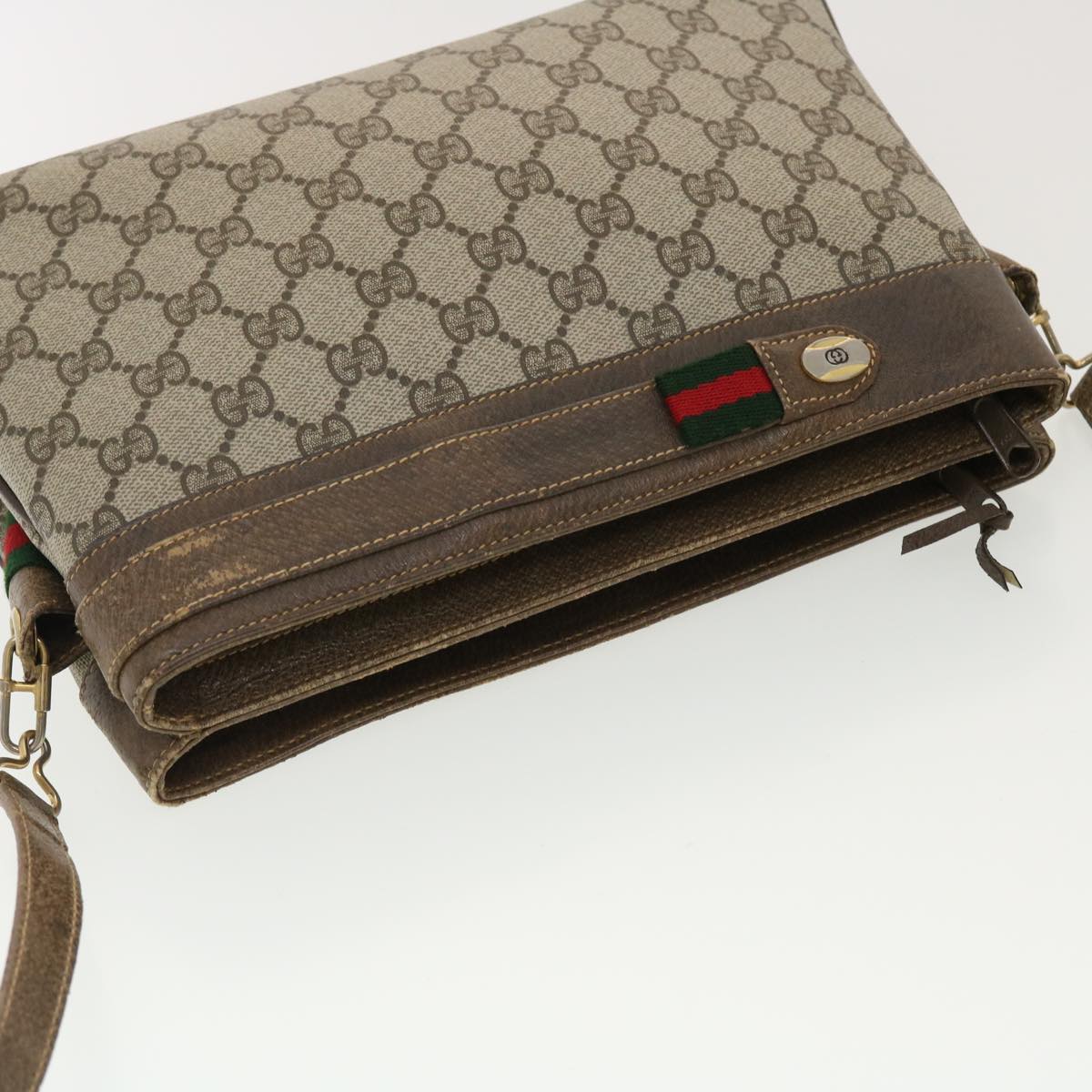 GUCCI Web Sherry Line GG Canvas Shoulder Bag PVC Leather Beige Green 39953