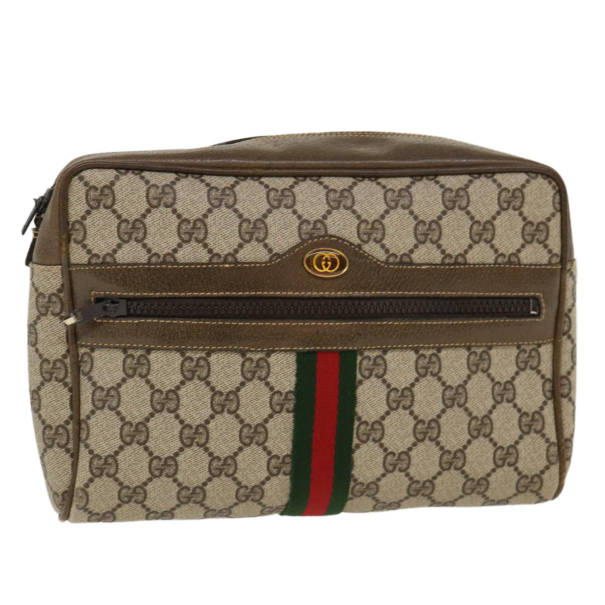 GUCCI Web Sherry Line GG Canvas Shoulder Bag PVC Leather Beige Green 39955