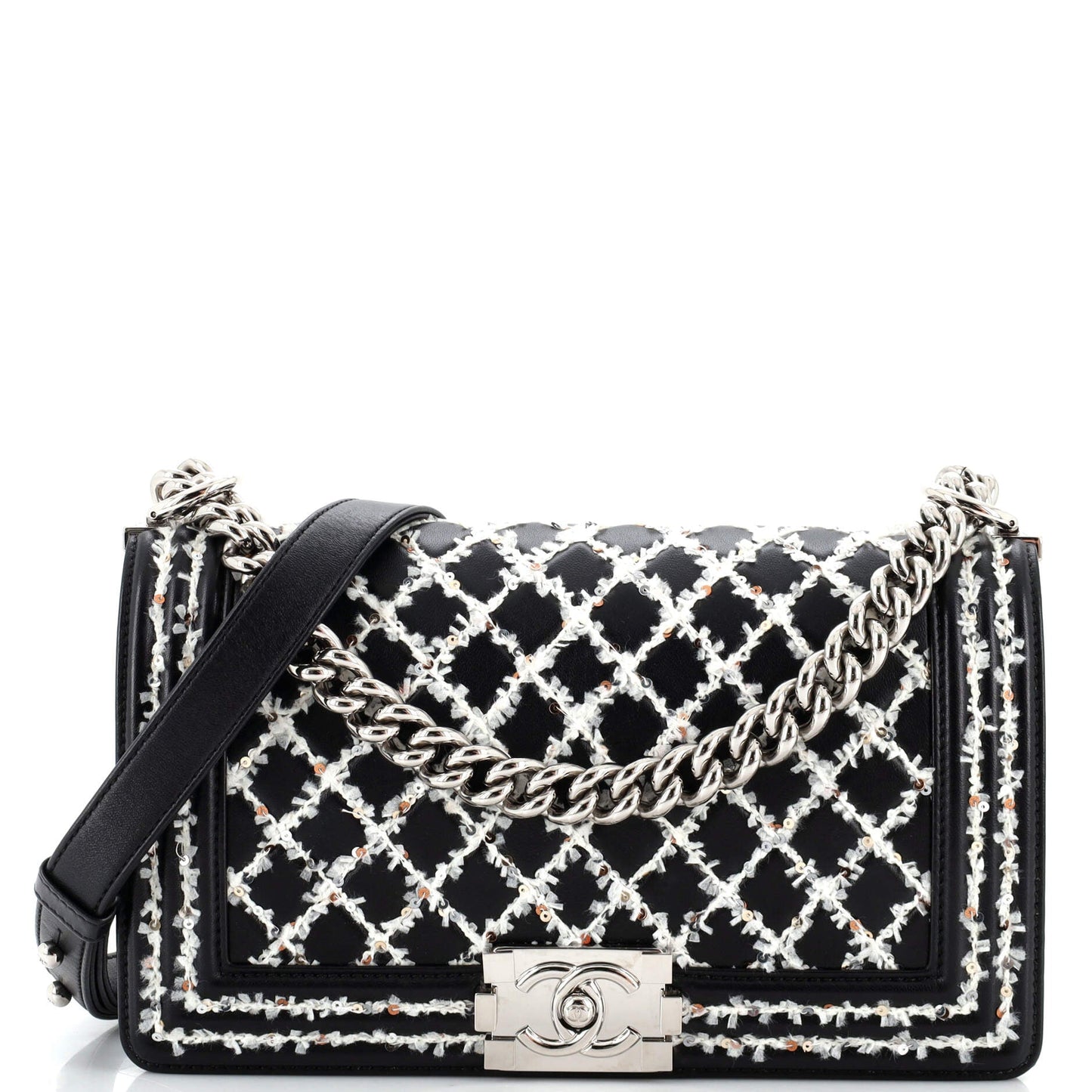 CHANEL Boy Flap Bag Lambskin with Quilted Tweed and Sequins Old Medium