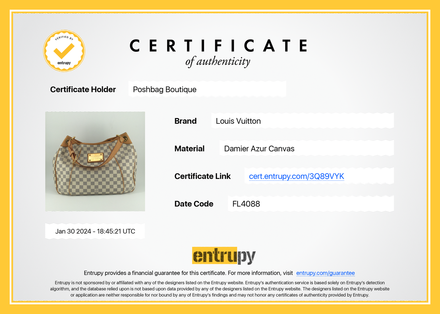 Louis Vuitto Galliera GM Damier Azur Canvas Bag