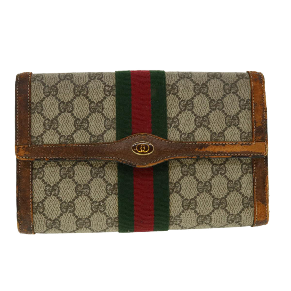 GUCCI Web Sherry Line GG Canvas Clutch Bag PVC Leather Beige Green 40002