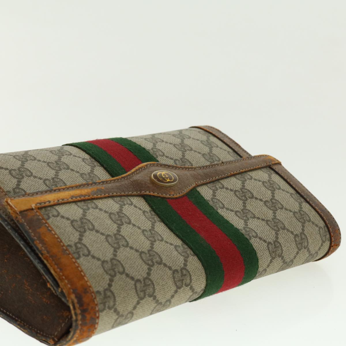GUCCI Web Sherry Line GG Canvas Clutch Bag PVC Leather Beige Green 40002