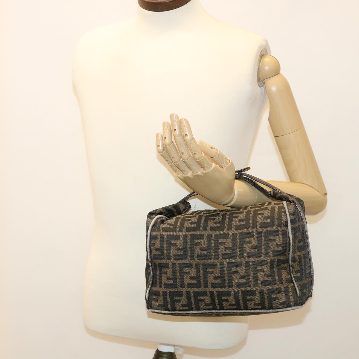 FENDI Zucca Canvas Hand Bag Nylon Brown Black 40062