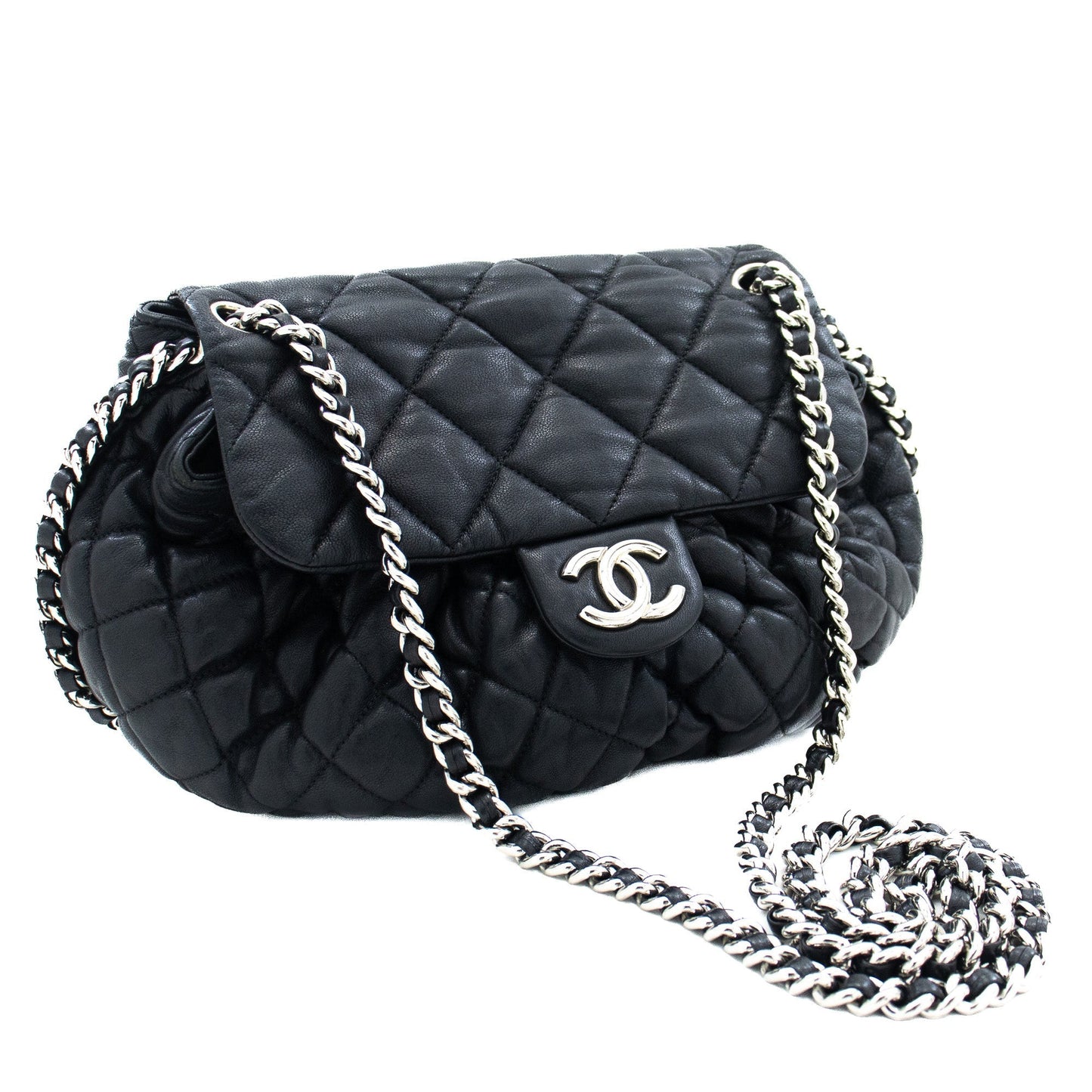 CHANEL Chain Around Shoulder Bag Crossbody Black Calfskin Leather j91