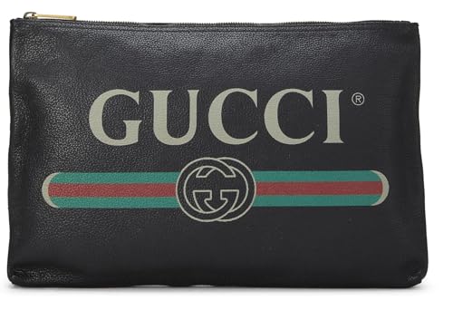 Gucci,  Black Leather Logo Print Pouch, Black