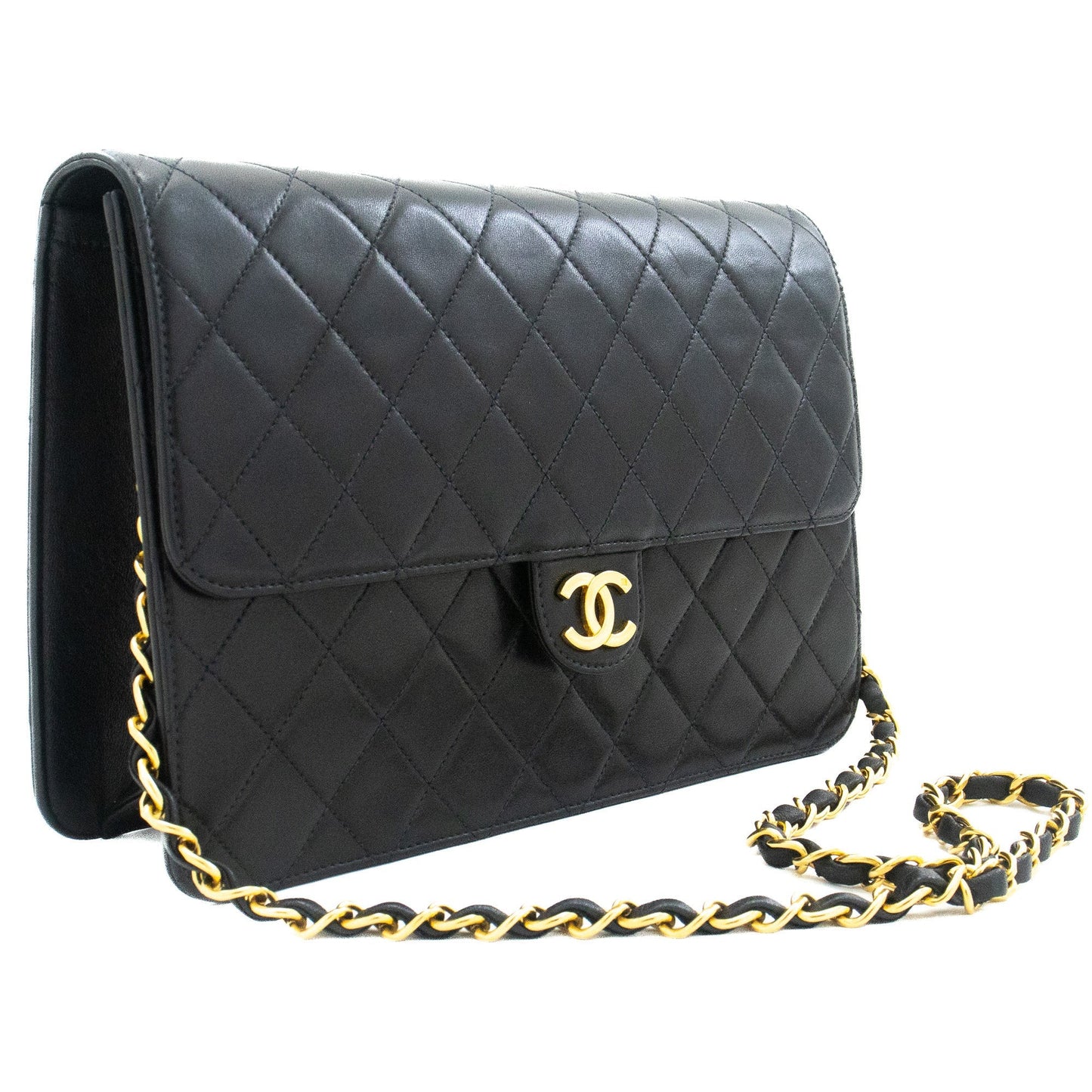 CHANEL Chain Shoulder Bag Clutch Black Quilted Flap Lambskin Purse k13