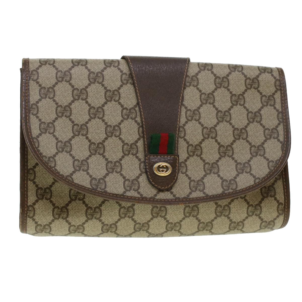 GUCCI GG Canvas Web Sherry Line Clutch Bag PVC Leather Beige Red 42430
