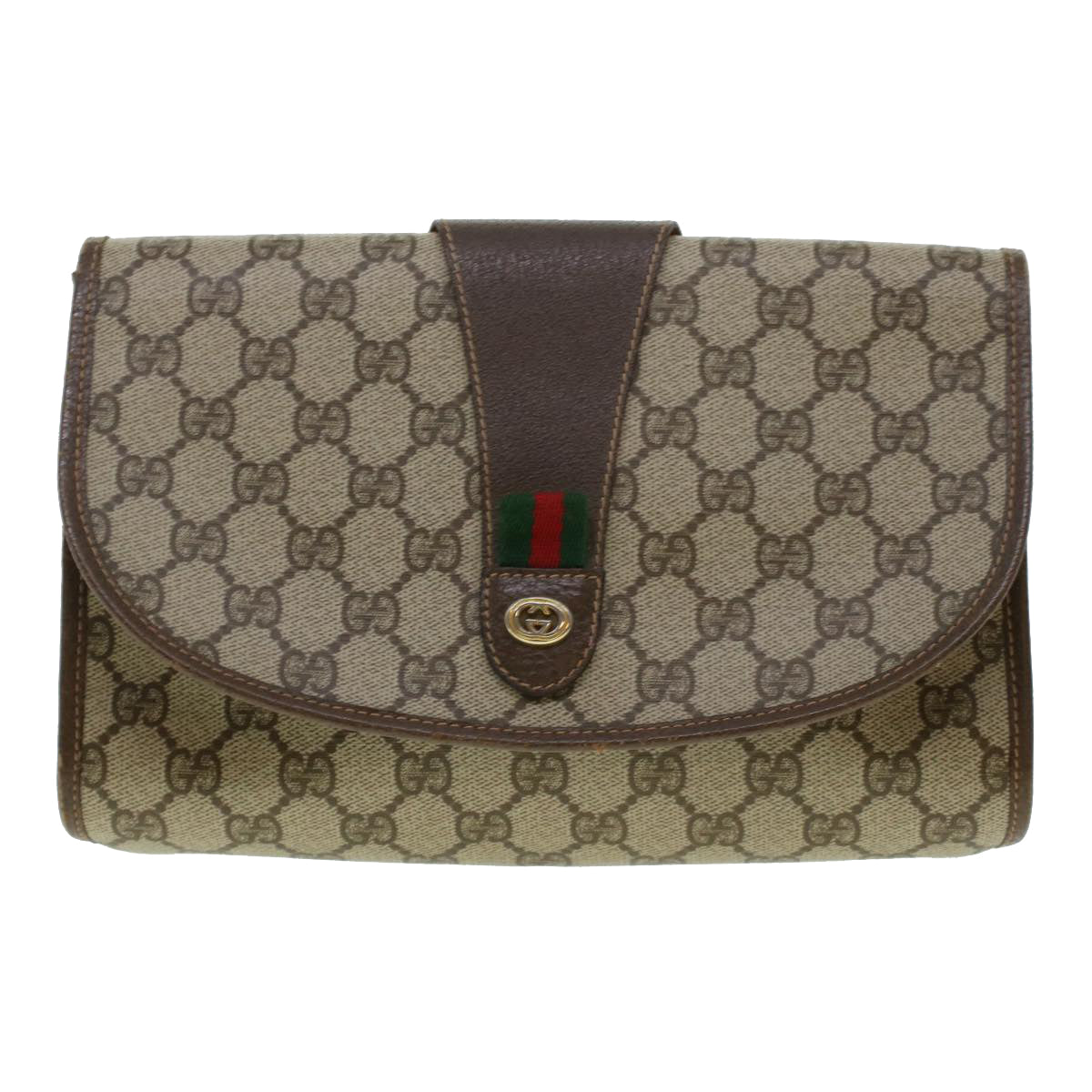 GUCCI GG Canvas Web Sherry Line Clutch Bag PVC Leather Beige Red 42430