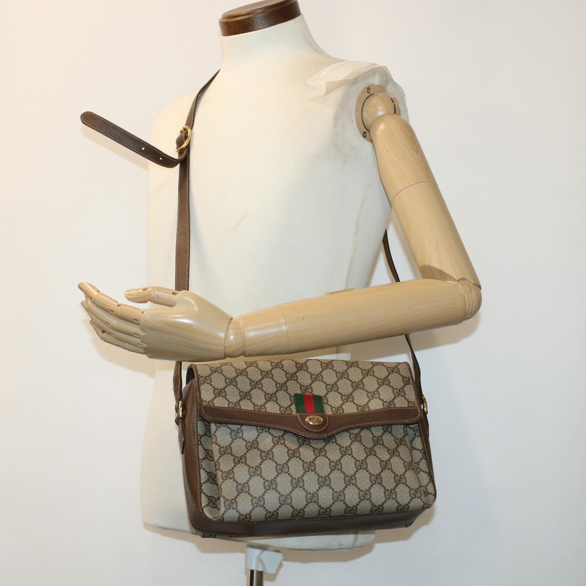 GUCCI GG Canvas Web Sherry Line Shoulder Bag PVC Leather Beige Green 43086