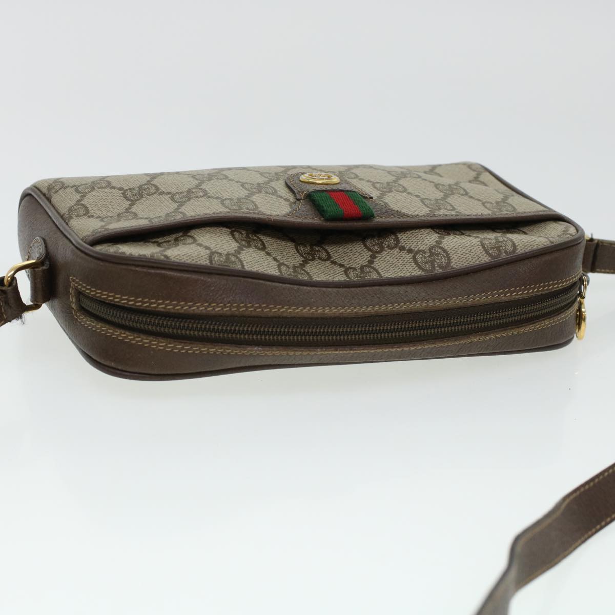 GUCCI GG Canvas Web Sherry Line Shoulder Bag PVC Leather Beige Green 43091
